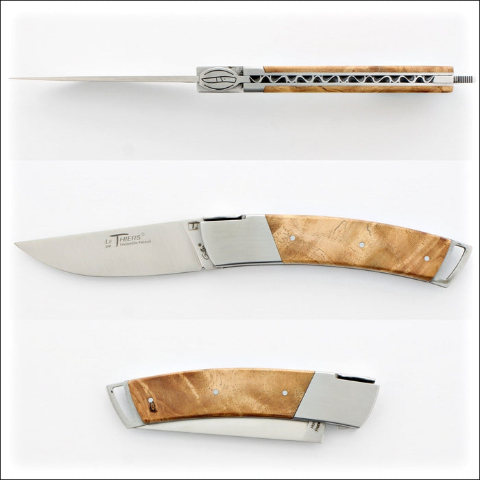 Le Thiers Gentleman 12 cm Pocket Knife Amboyna Burl, top-down view of the open blade and handle, then a side view of the open knife, and finally a side view of the closed knife. Handcrafted details, 100% Made in France.