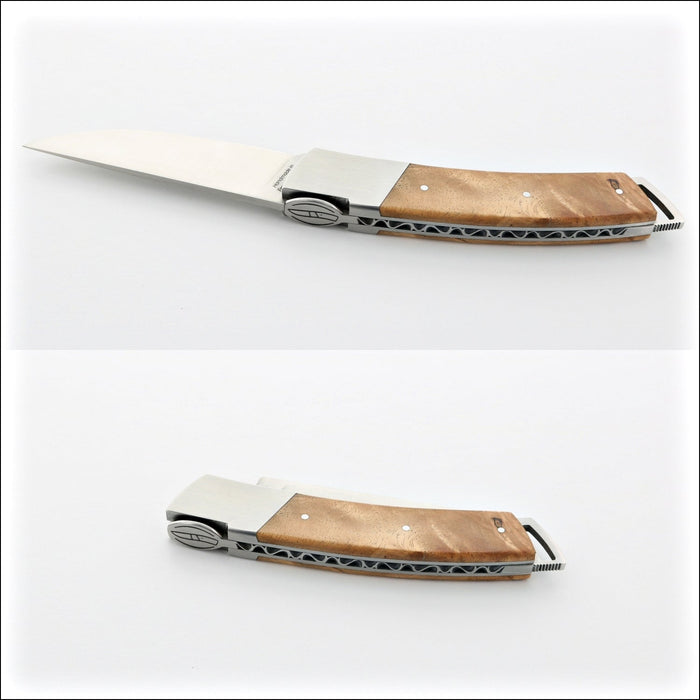 Le Thiers Gentleman 12 cm Pocket Knife Amboyna Burl, open and closed side views. Handcrafted details, 100% Made in France.