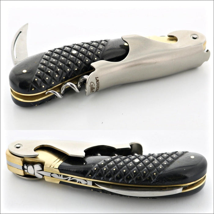 Magnum Cold Forged Brass Corkscrew - Studded Ebony. Top-down view of the black studded handle and brass accents.