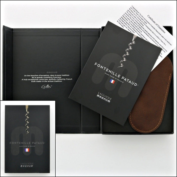 Magnum Cold Forged Brass Corkscrew - Studded Ebony, close-up of the elegant black gift box with guarantee.