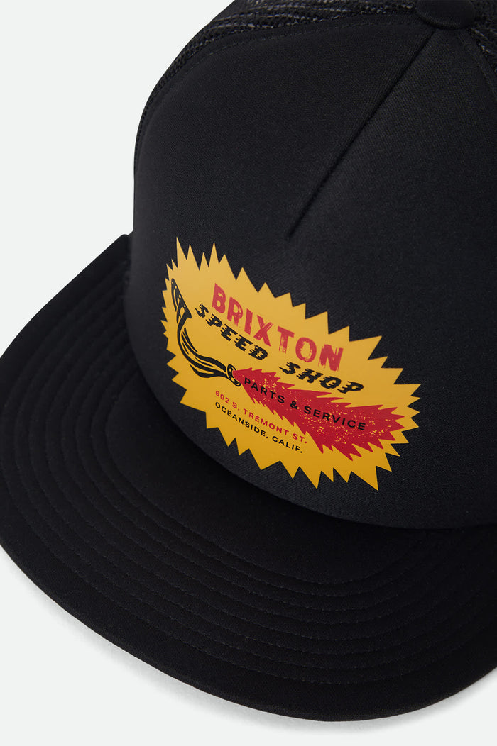 Unisex Mavis NetPlus Trucker Hat in the color Black/Black - Additional Laydown image