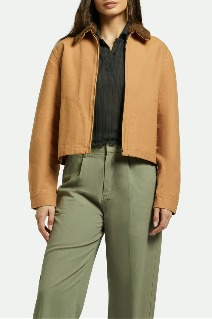 Women's Mechanics Women's Garage Sherpa Zip Jacket in the color Tobacco Brown - Women's Front View