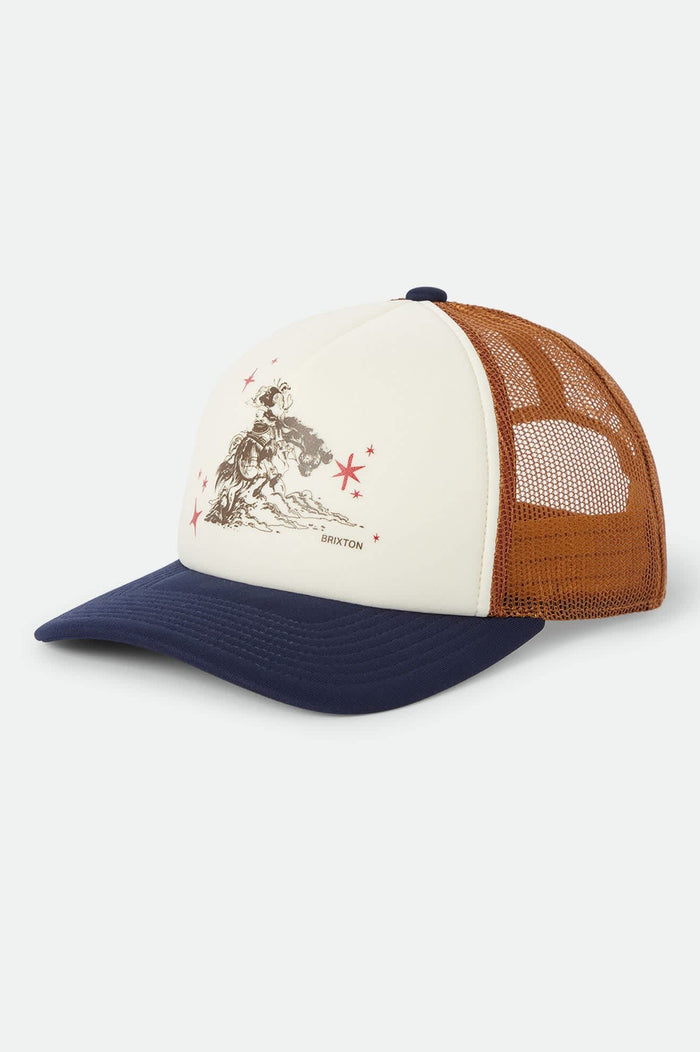 Unisex Mid Century Ranch Trucker Hat in the color Off White/Washed Navy/Caramel - Front Product Laydown Image