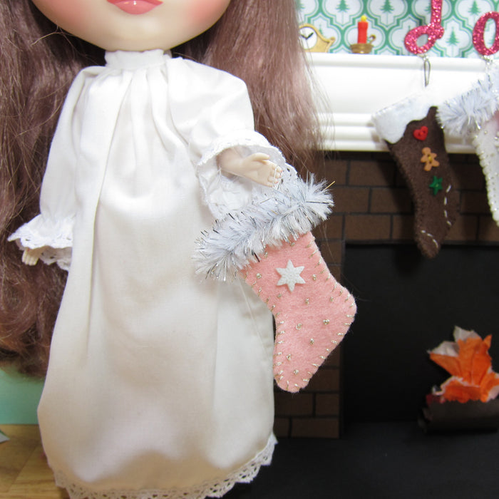 Pink playscale miniature felt Christmas stocking for Blythe