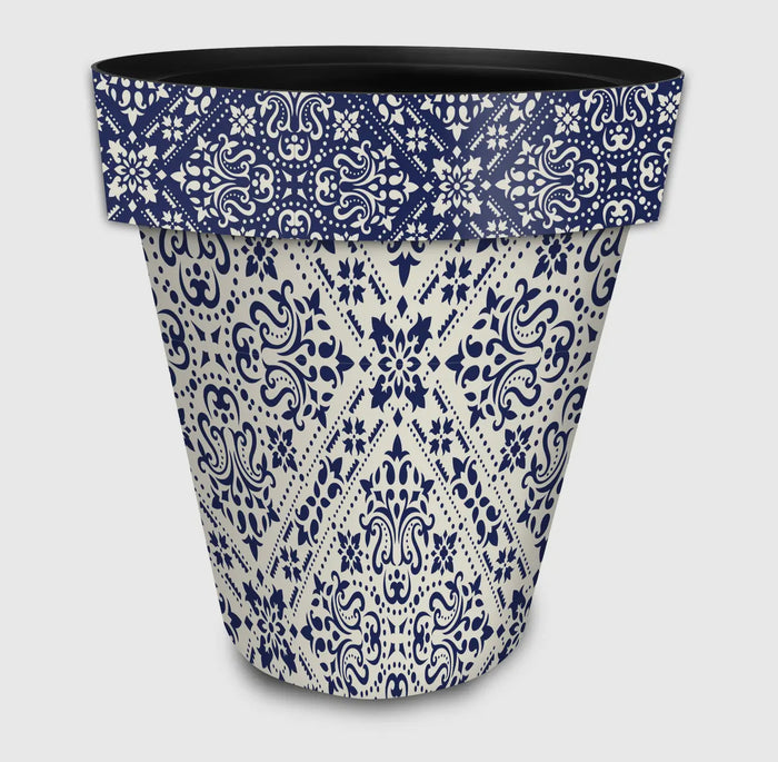 Navy and cream Damask Pattern Planter Pot