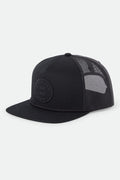 Unisex Oath Trucker Hat in the color Black/Black/Black - Front Product Laydown Image
