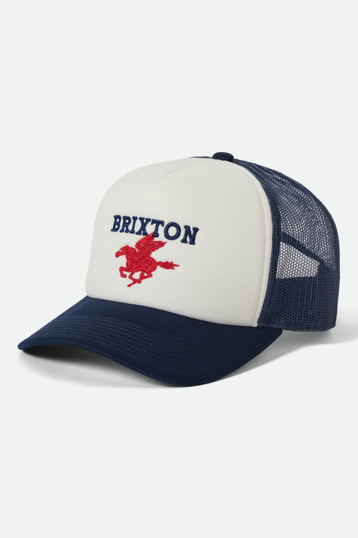 Unisex Pegasus NetPlus Trucker Hat in the color Whitecap/Navy - Front Product View