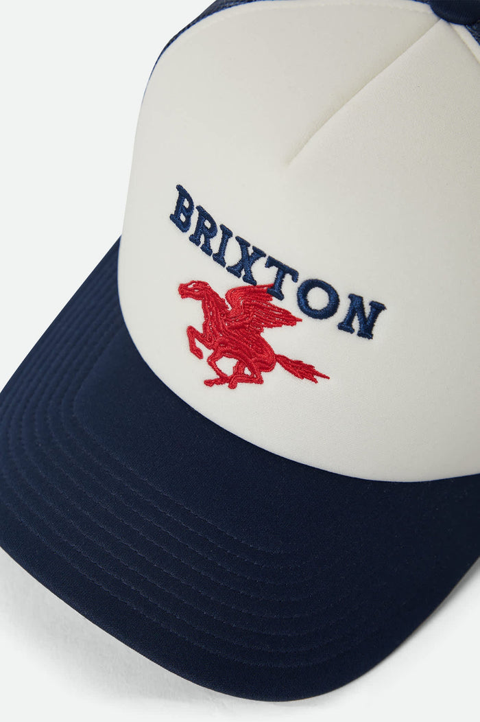 Unisex Pegasus NetPlus Trucker Hat in the color Whitecap/Navy - Additional Laydown image