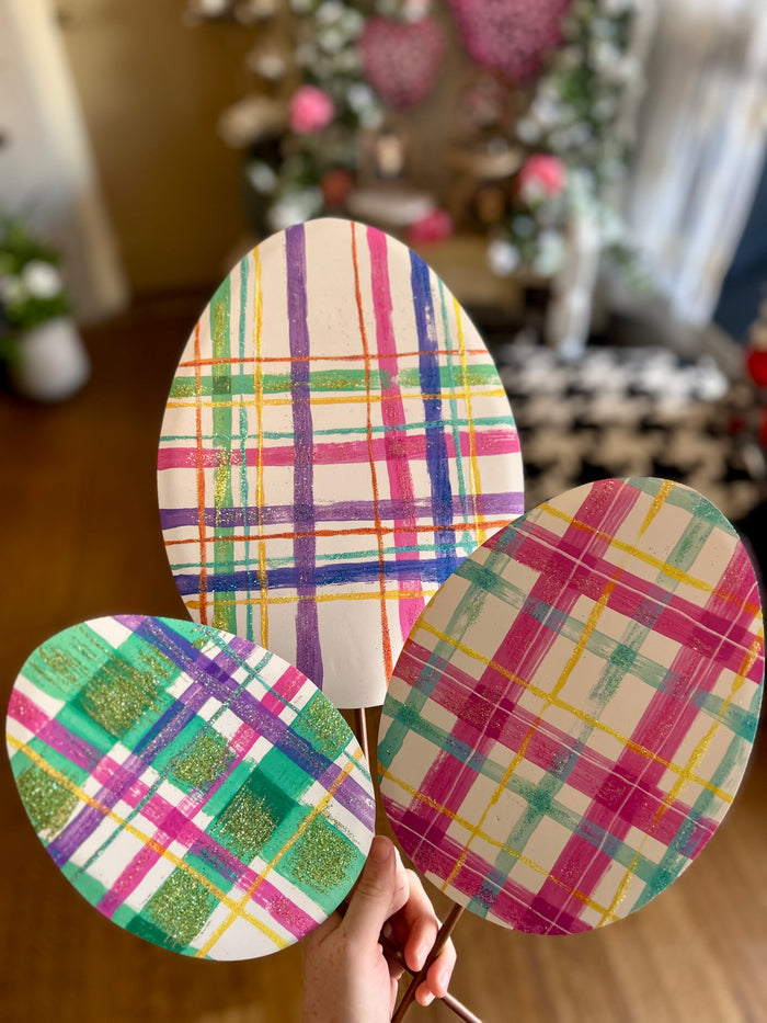 Plaid Metal Eggs Set of 3 Easter Outdoor Stakes in Pink, White and Blue