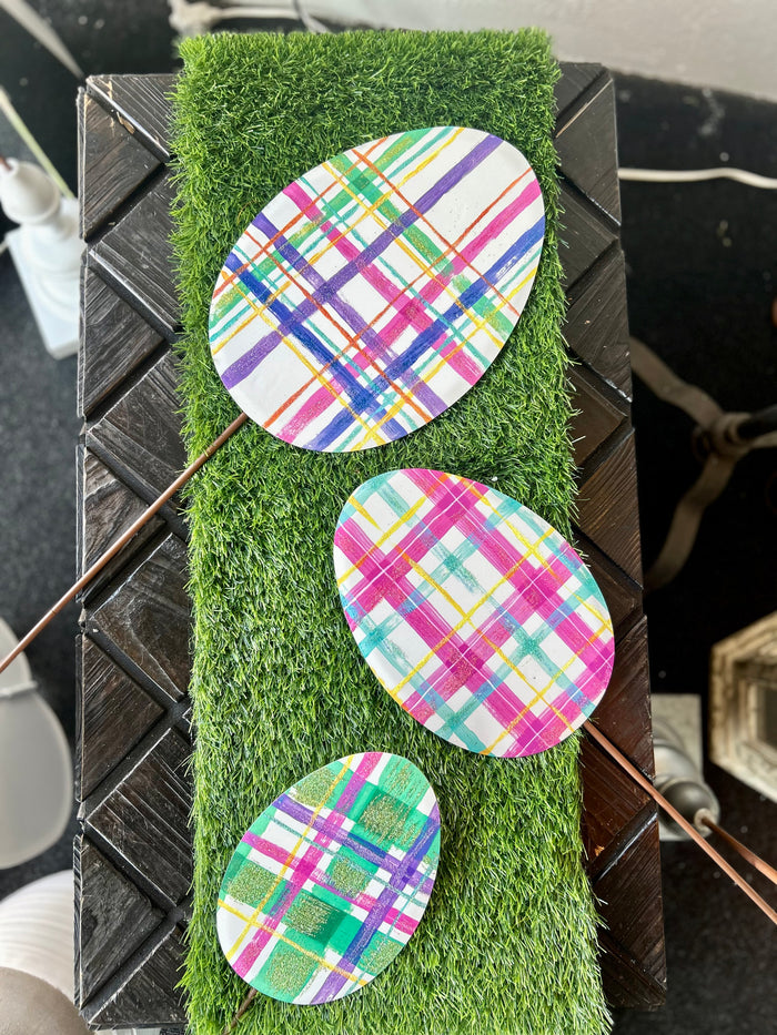 Plaid Metal Eggs Set of 3 Easter Outdoor Stakes in Pink, White and Blue