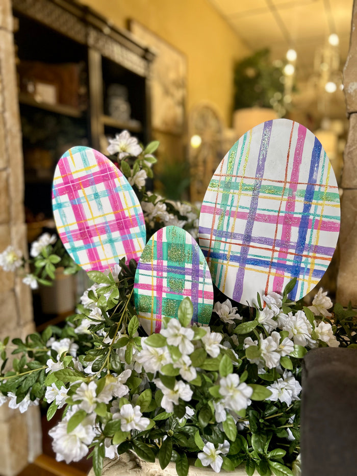 Plaid Metal Eggs Set of 3 Easter Outdoor Stakes in Pink, White and Blue