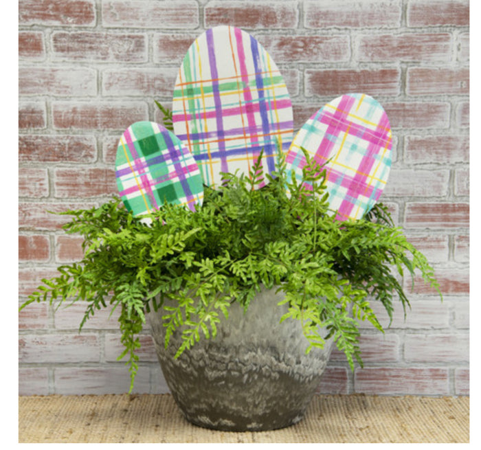 Plaid Metal Eggs Set of 3 Easter Outdoor Stakes in Pink, White and Blue