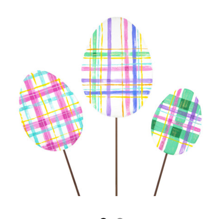 Plaid Metal Eggs Set of 3 Easter Outdoor Stakes in Pink, White and Blue