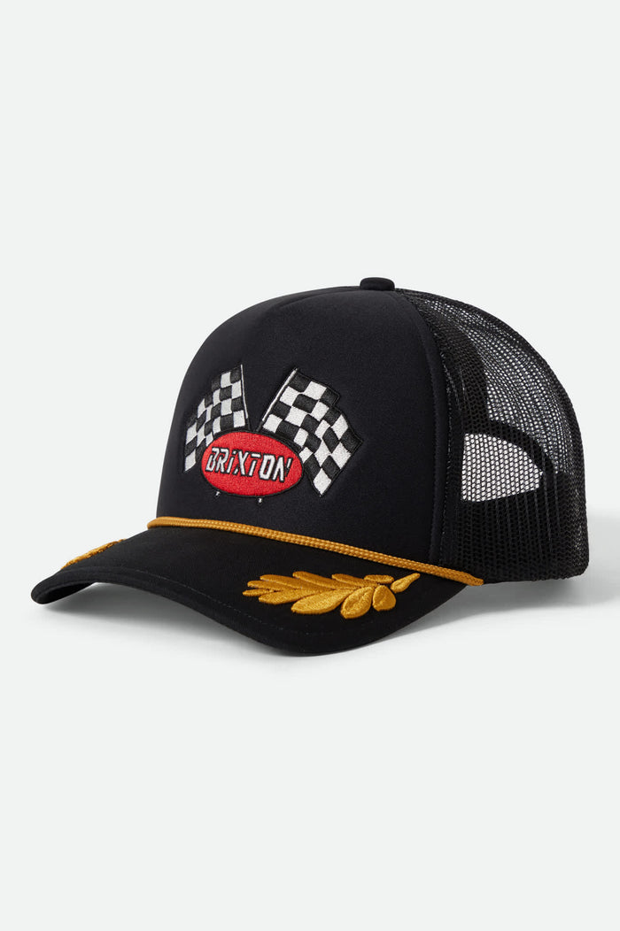 Women's Podium Netplus Trucker Hat in the color Black/Black - Front Product View