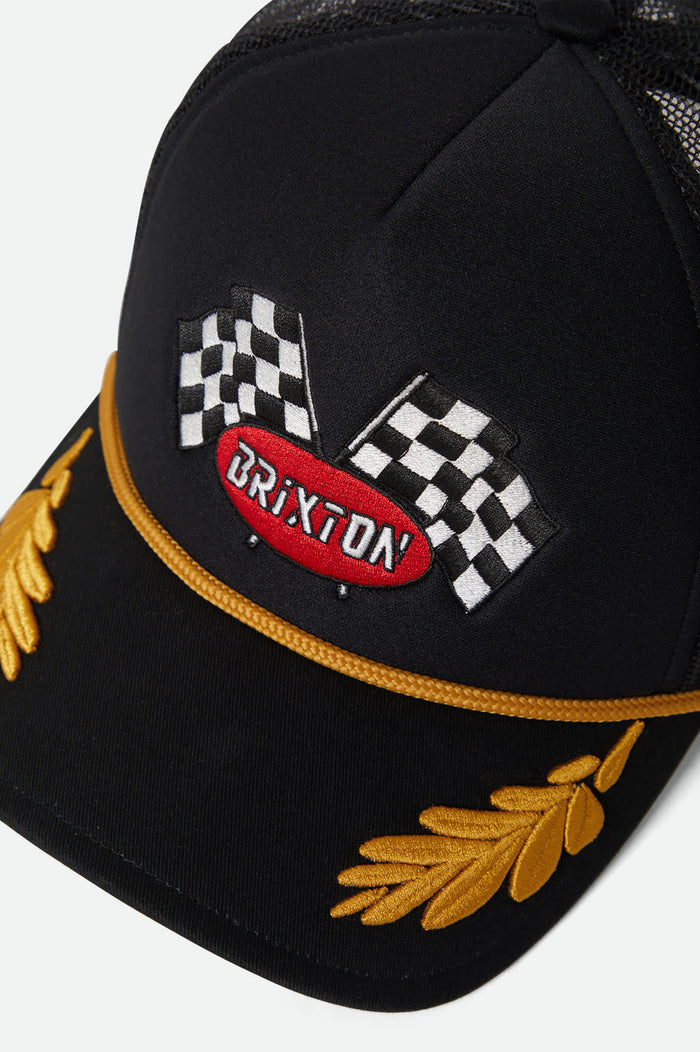 Women's Podium Netplus Trucker Hat in the color Black/Black - Additional Laydown image