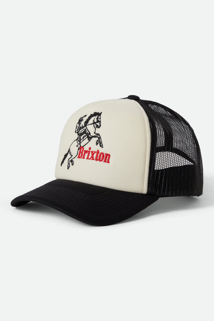 Women's Ranching Club Netplus Trucker Hat in the color Black/Off White - Front Product View