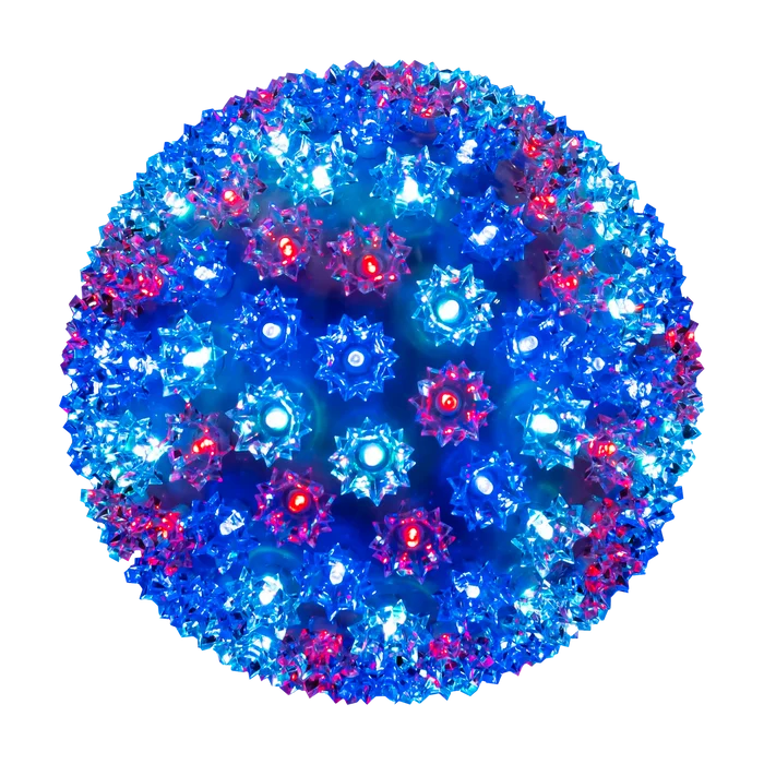RGB light sphere glowing in multiple colors with cool white LED points and textured star-like light covers on a transparent background.
