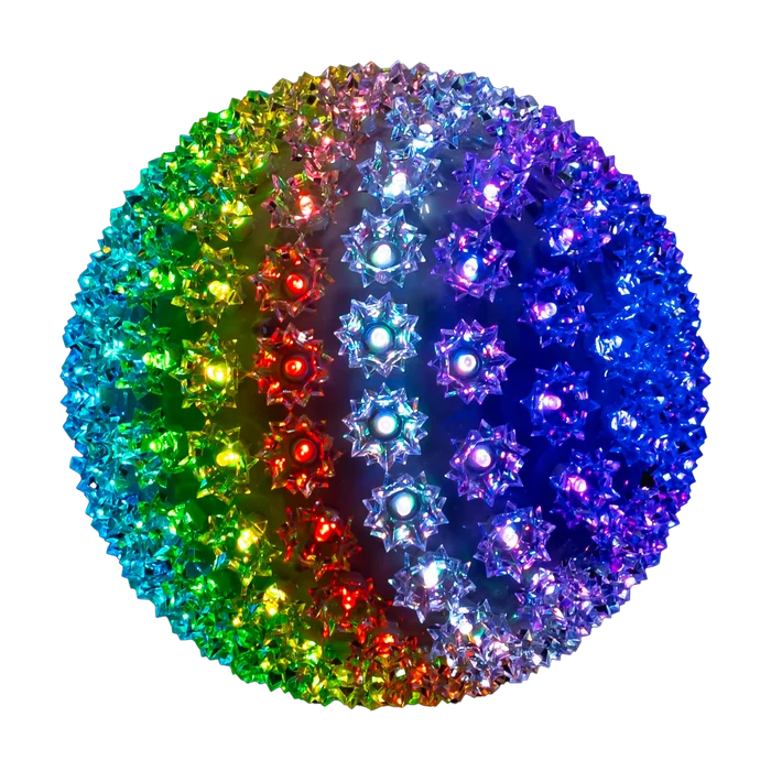 RGB light sphere glowing in multiple colors with cool white LED points and textured star-like light covers on a transparent background.