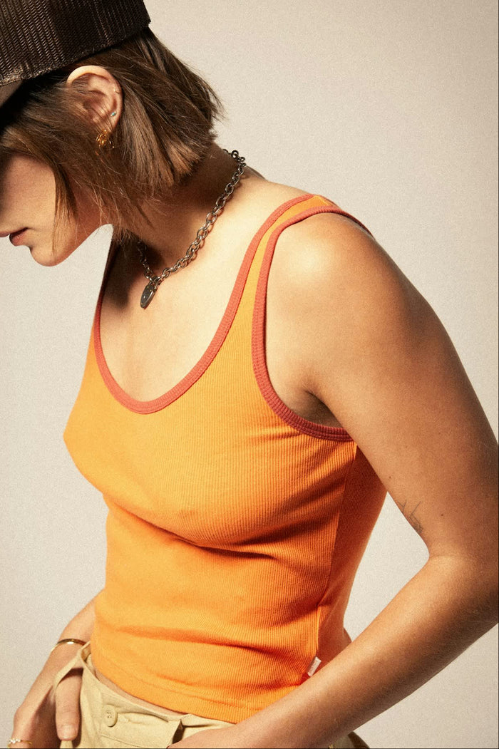 Women's Ringer Organic A-Tank in the color Tangerine/Burnt Brick - Women's Side View