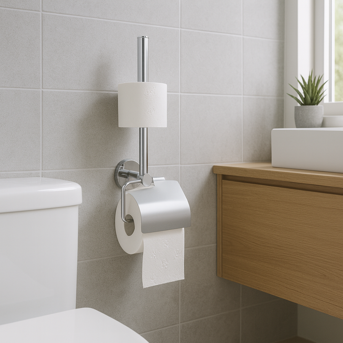 Sesera toilet paper holder contents and components flat lay