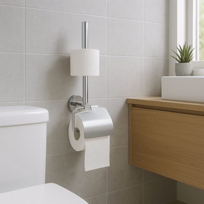 Rustproof Stainless Steel Toilet Paper Holder with Cover & Spare Roll