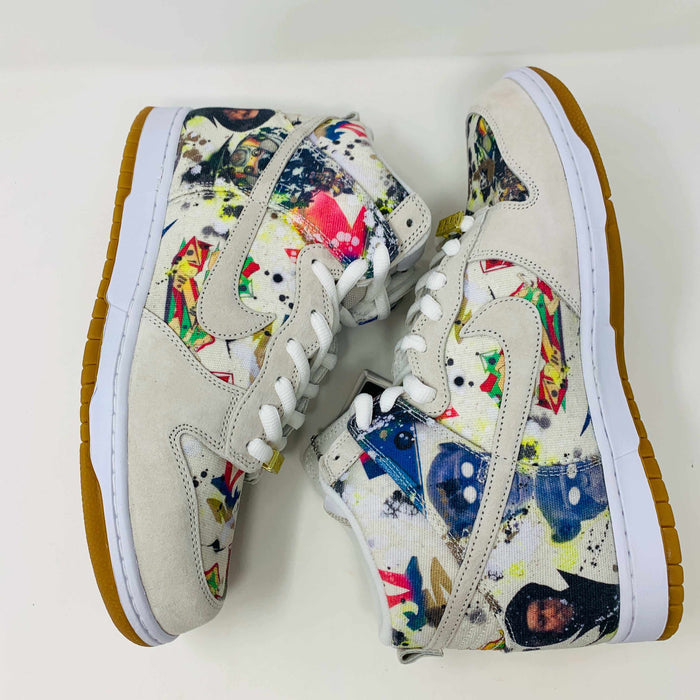 The Nike SB Dunk High Supreme Rammellzee, a 2023 release, sports a vibrant, abstract design. It features an off-white upper with a gum sole and sits atop a Nike SB shoe box. A World Famous tag affirms authenticity, making it ideal for collectors and enthusiasts.