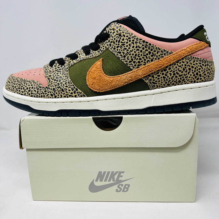 Nike SB Dunk Low Arts-Rec sneaker with leopard print and orange swoosh on box