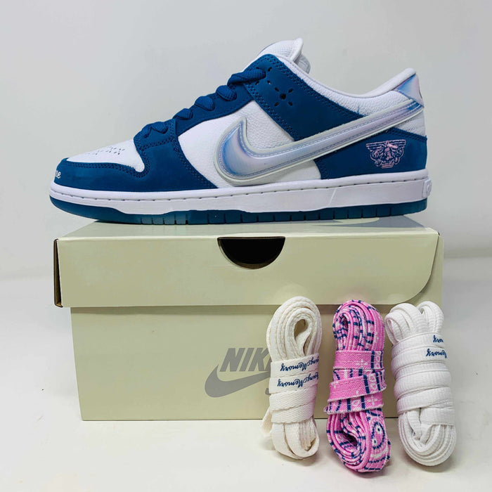 Nike SB Dunk Low Born X Raised 2023 sneakers with extra white, cream, and pink laces, brand new condition