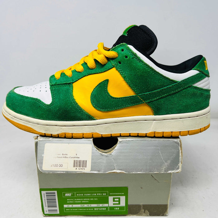 Nike SB Dunk Low Bucks sneaker in green, yellow, and white on original box, 2003 vintage condition