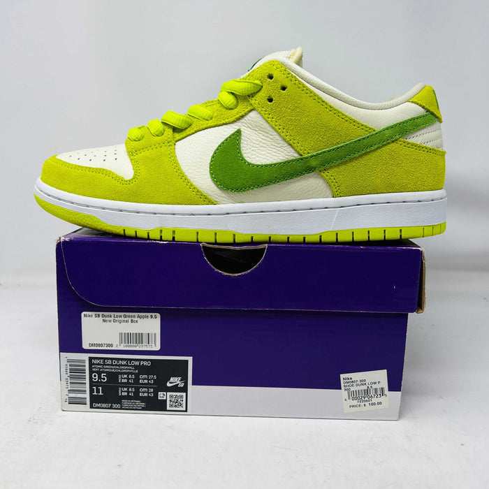 Nike SB Dunk Low Green Apple sneaker on purple box, brand new 2022 release