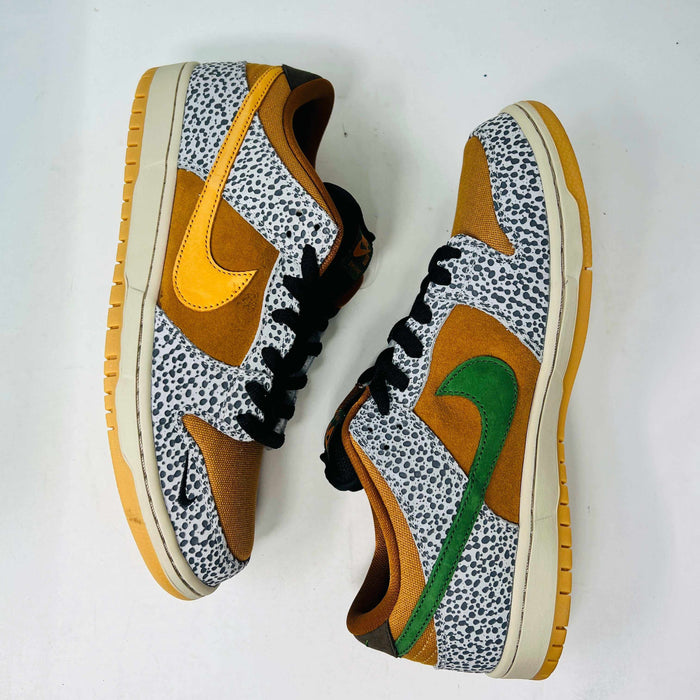 Nike SB Dunk Low Safari sneakers, brand new 2020 release, with multicolored safari print and brown accents.