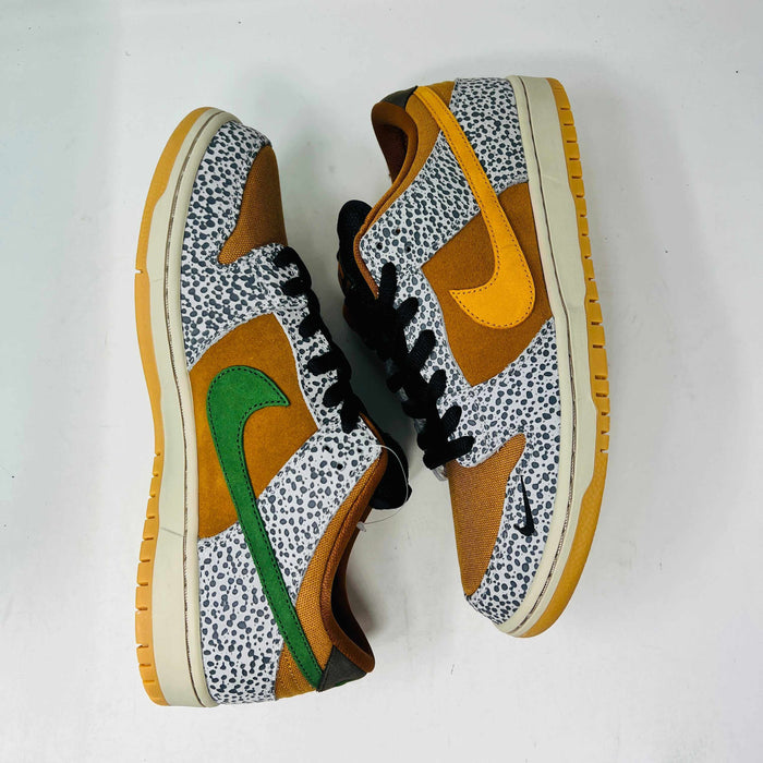 Nike SB Dunk Low Safari sneakers, brand new, leopard print with green and yellow accents.