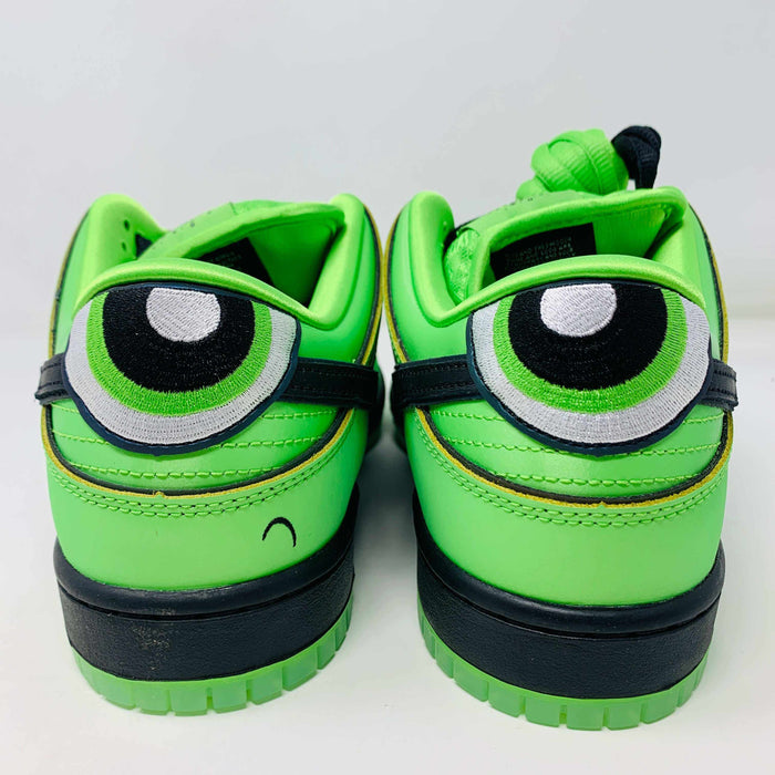 Nike SB Dunk Low The Powerpuff Girls Buttercup sneakers with green laces on a Nike SB box.