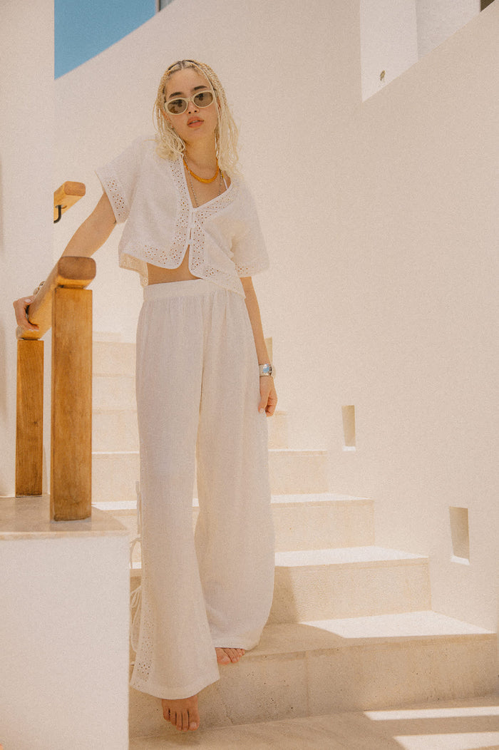 Women's Seaside Eyelet Wide Leg Pant in the color Off White Eyelet - Men's Lifestyle image