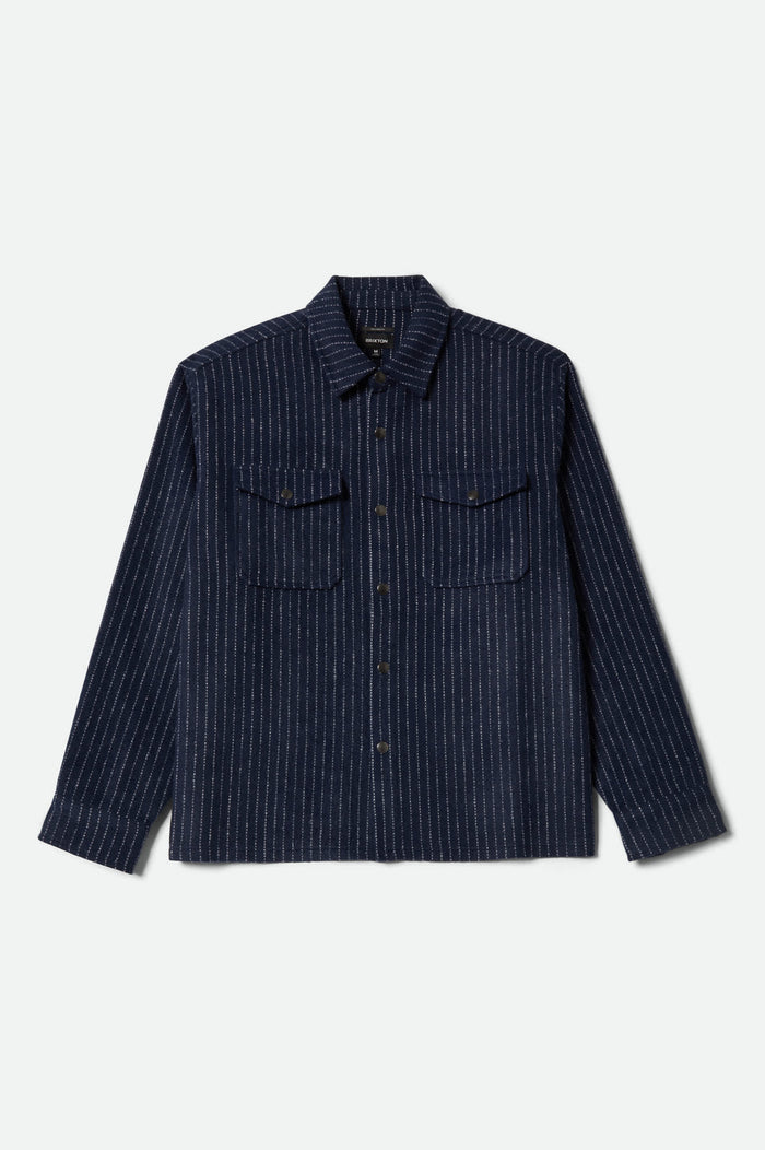 Men's Selden Soft Brushed Flannel in the color Mood Indigo Pinestripe - Front Product Laydown Image