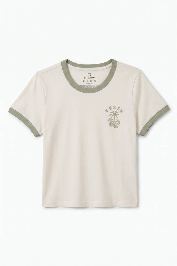 Women's Serpent Baby T-Shirt in the color White/Desert Sage - Front Product Laydown Image