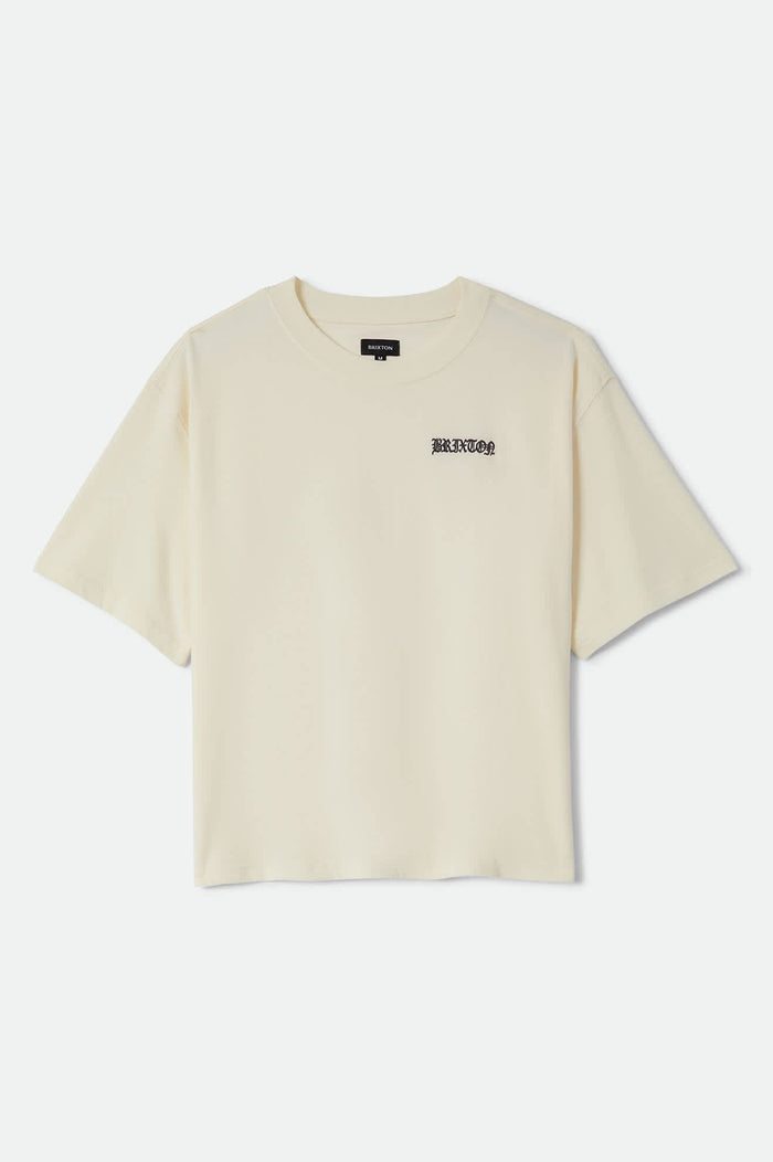 Men's Serrano Short Sleeve Boxed Crop T-Shirt in the color Cream - Front Product Laydown Image