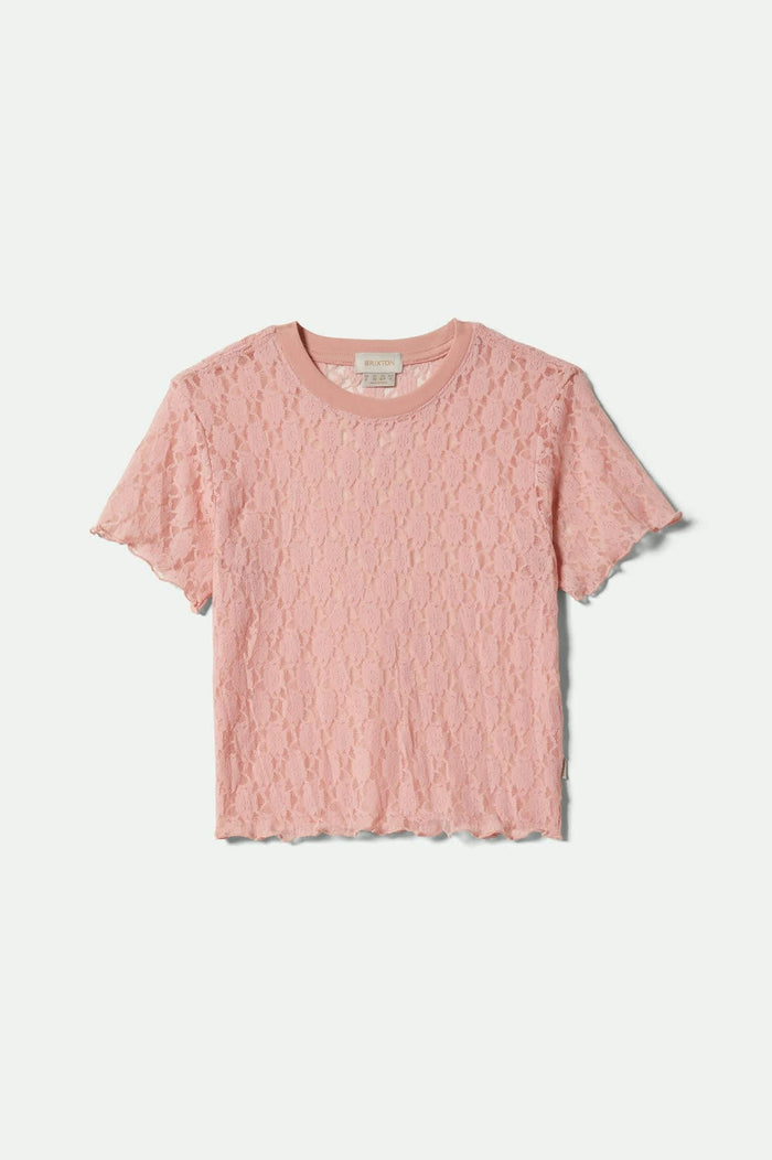 Women's Sheer Slim Lace S/S Top in the color Mellow Rose - Front Product View