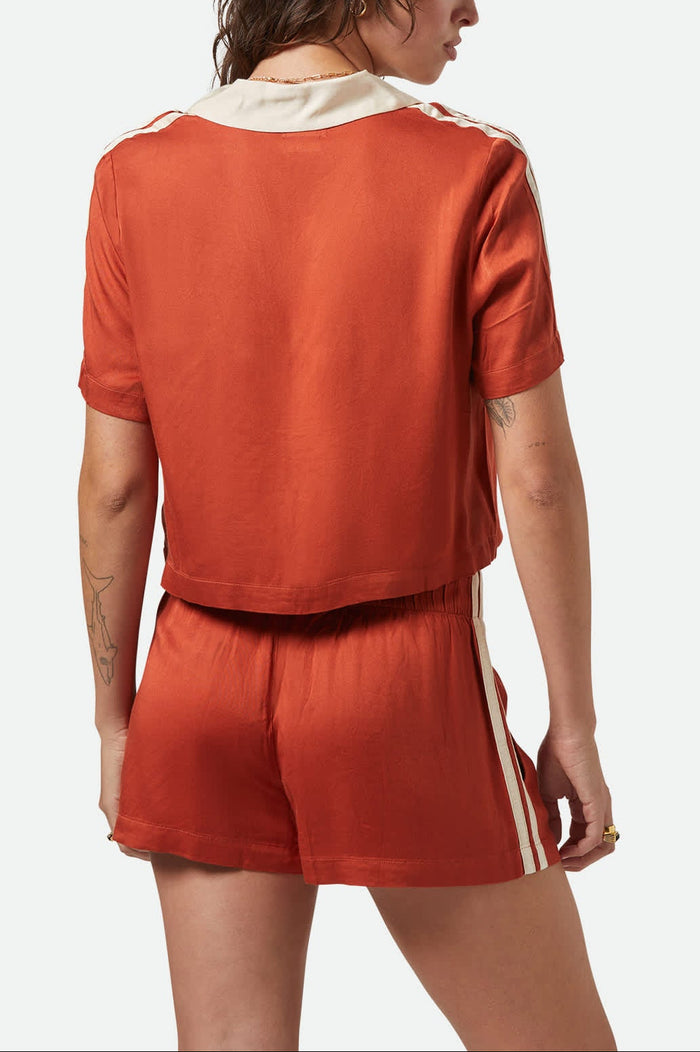 Women's Silky S/S Bowling Button Down in the color Burnt Brick - Women's Back View