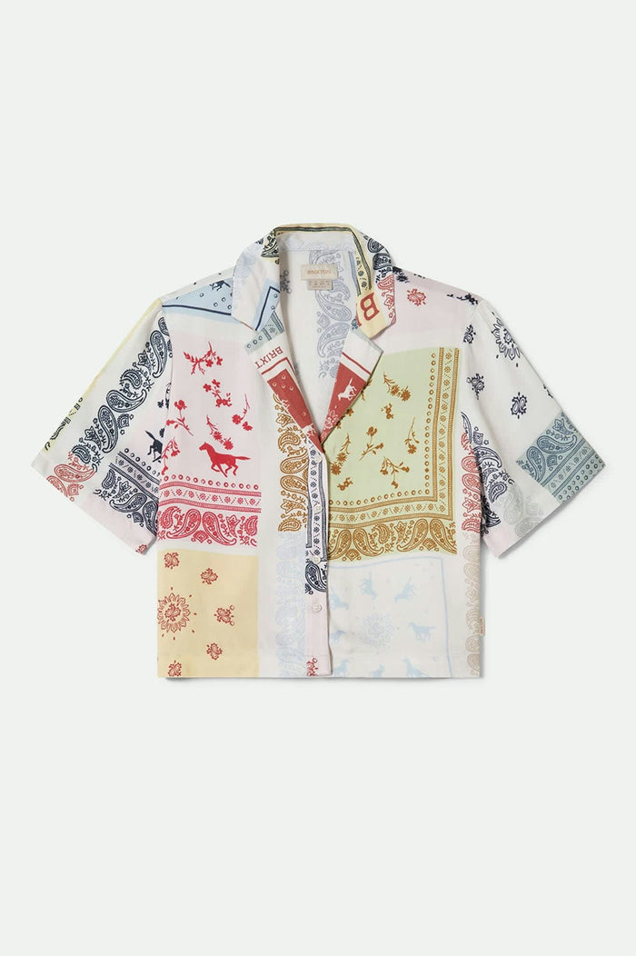 Women's Silky S/S Bowling Button Down in the color Multi Color Bandana - Front Product View