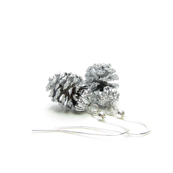 Silver pine cone earrings made from real pine cones