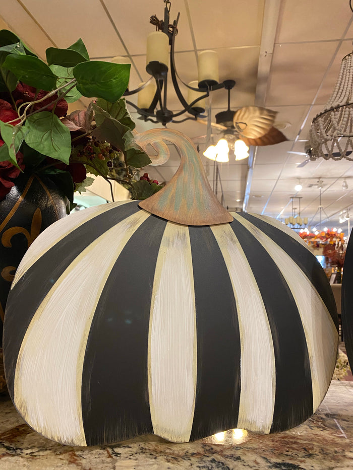 Small Short Black & White Striped Metal Pumpkin Yard Stake