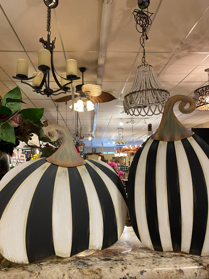 Small Short Black & White Striped Metal Pumpkin Yard Stake
