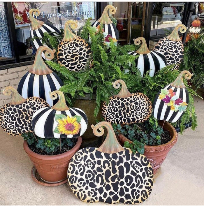 Small Short Black & White Striped Metal Pumpkin Yard Stake