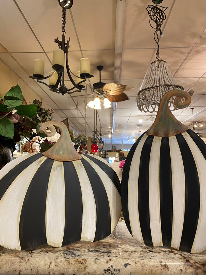 Small Short Black & White Striped Metal Pumpkin Yard Stake