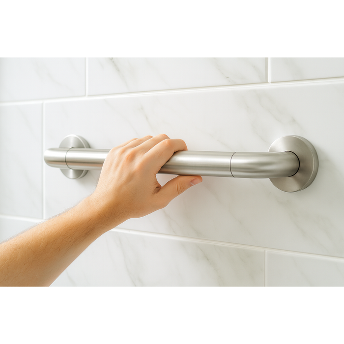 Primanova wall-mounted safety grab bar contents and components flat lay