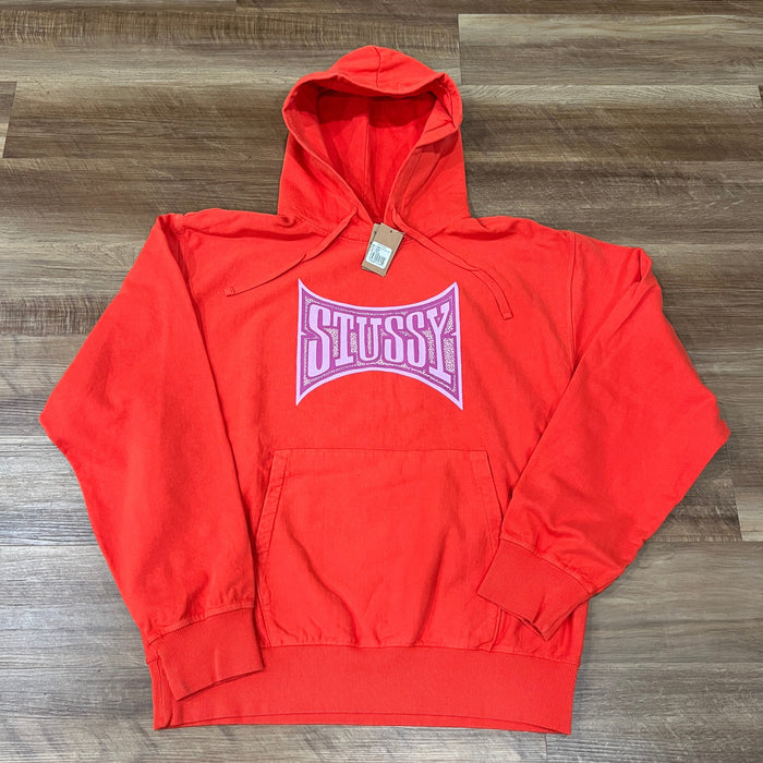 Stussy Champion Hoodie in tomato red with front logo and kangaroo pocket, brand new condition