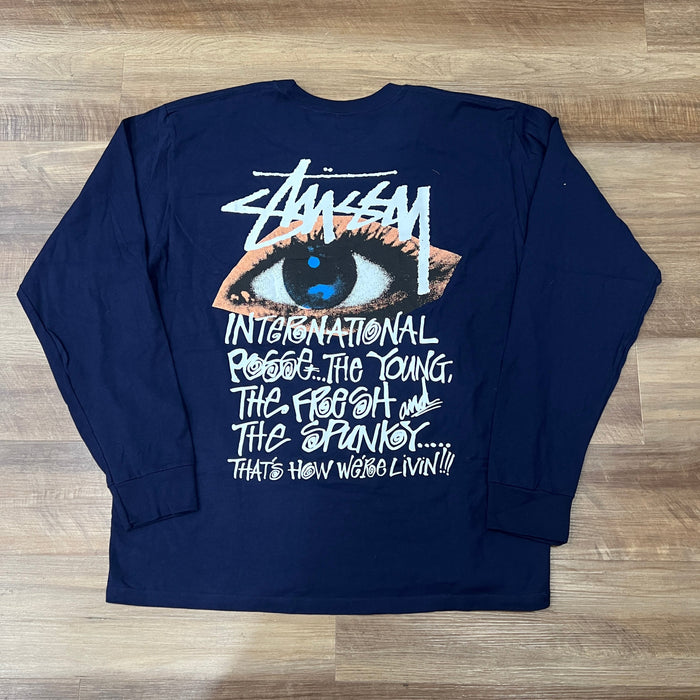 Stussy Ocular long sleeve black T-shirt with eye graphic and white text design on back