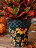 Sunflower Outdoor Pot with Gray and Black Check Border  15” pot