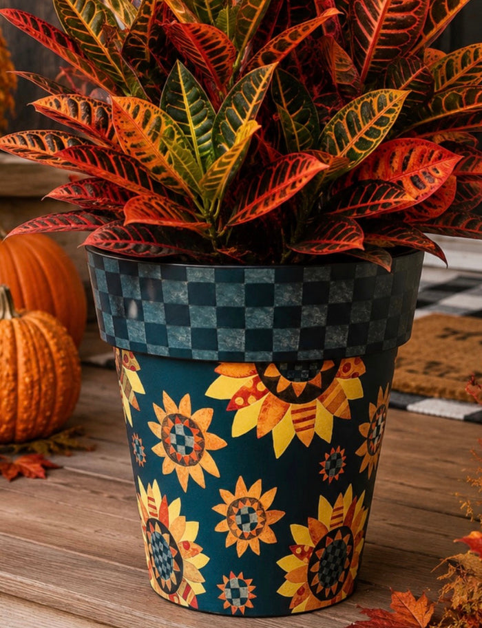 Sunflower Outdoor Pot with Gray and Black Check Border  15” pot